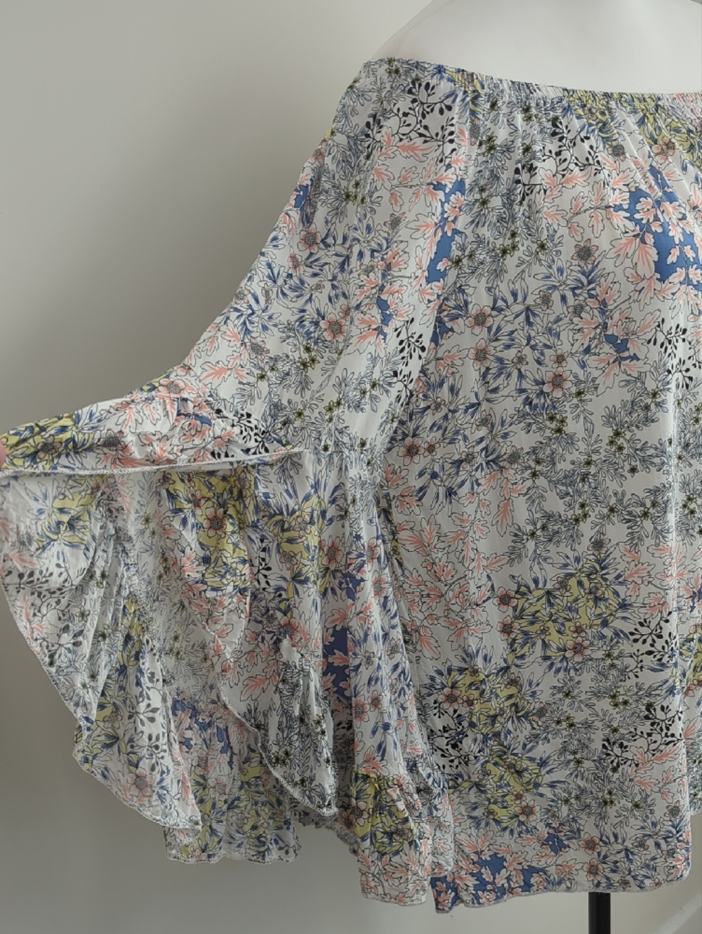 Fever Off-Shoulder Prairie Style Floral Blouse With Ruffle Bell Sleeves